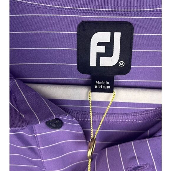 NEW FOOTJOY GOLF POLO‎ SHIRT -M- PURPLE WHITE PENCIL STRIPE LISLE PERFORMANCE - Picture 3 of 8